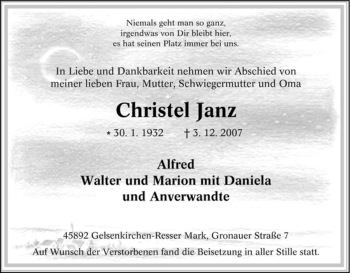 Traueranzeigen Von Christel Janz Trauer In Nrw De