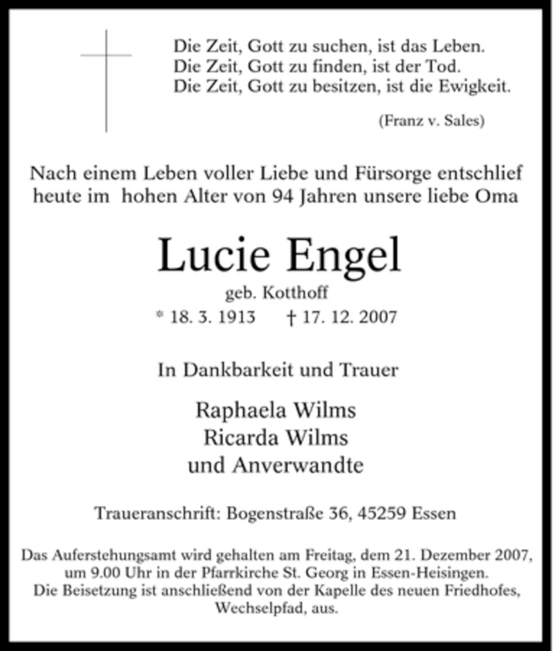 Traueranzeigen Von Lucie Engel Trauer In Nrw De