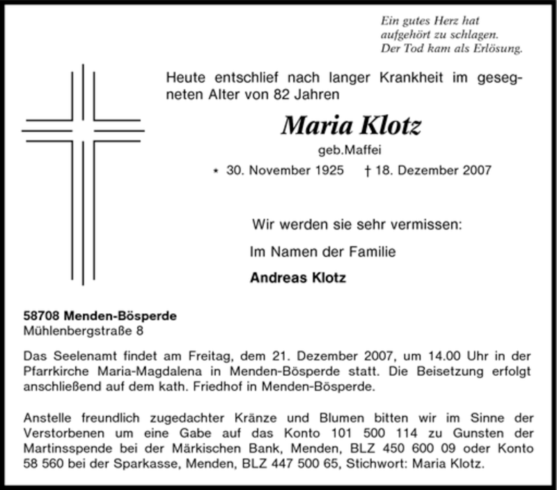 Traueranzeigen Von Maria Klotz Trauer In NRW De