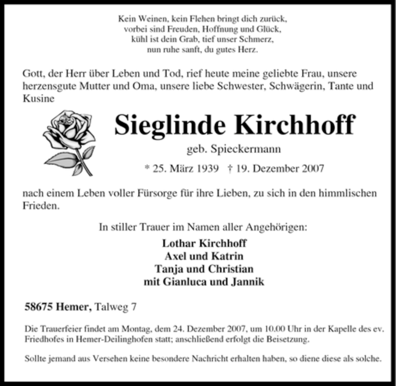 Traueranzeigen Von Sieglinde Kirchhoff Trauer In NRW De