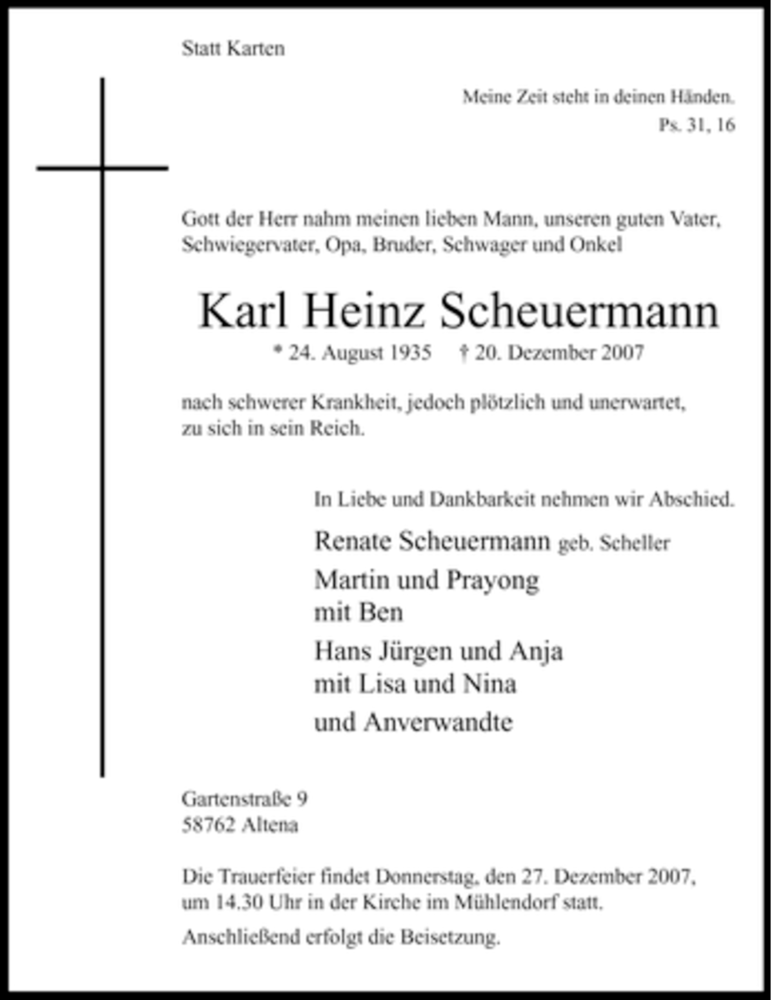 Traueranzeigen Von Karl Heinz Scheuermann Trauer In Nrw De