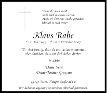 Traueranzeigen Von Klaus Rabe Trauer In Nrw De