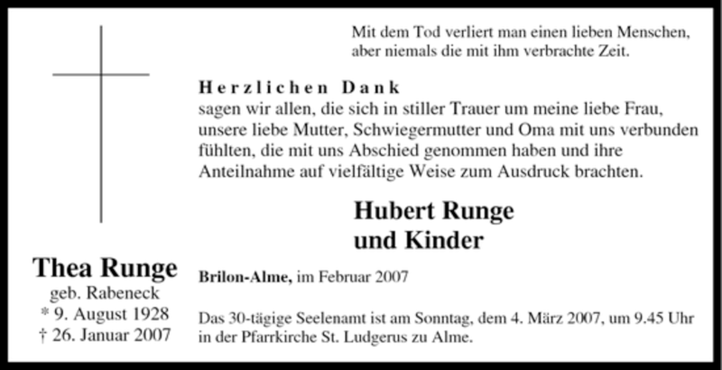 Traueranzeigen Von Thea Runge Trauer In NRW De