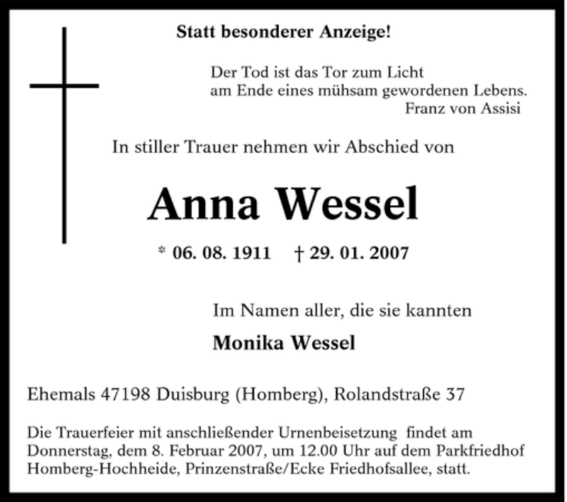 Traueranzeigen Von Anna Wessel Trauer In NRW De