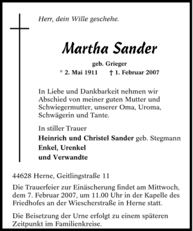 Traueranzeigen Von Martha Sander Trauer In Nrw De