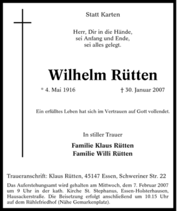 Traueranzeigen Von Wilhelm R Tten Trauer In Nrw De