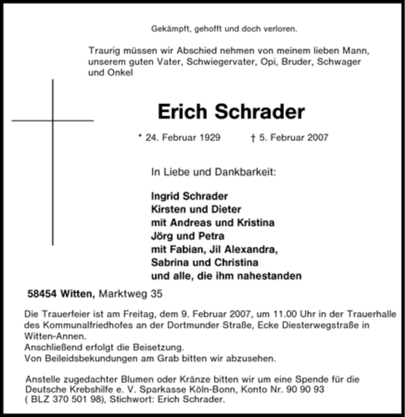 Traueranzeigen Von Erich Schrader Trauer In NRW De