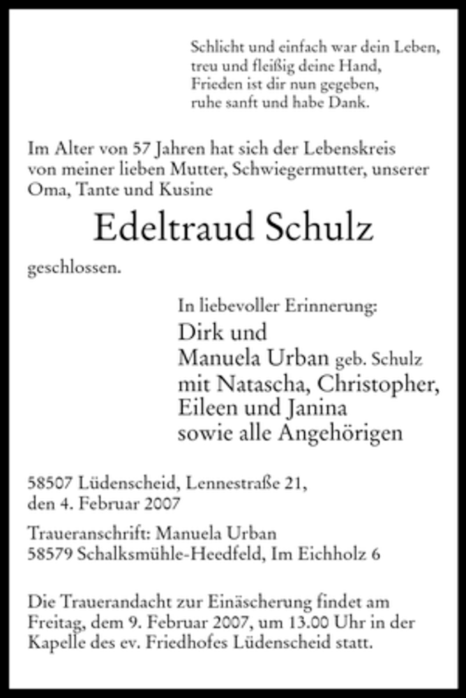 Traueranzeigen Von Edeltraud Schulz Trauer In Nrw De