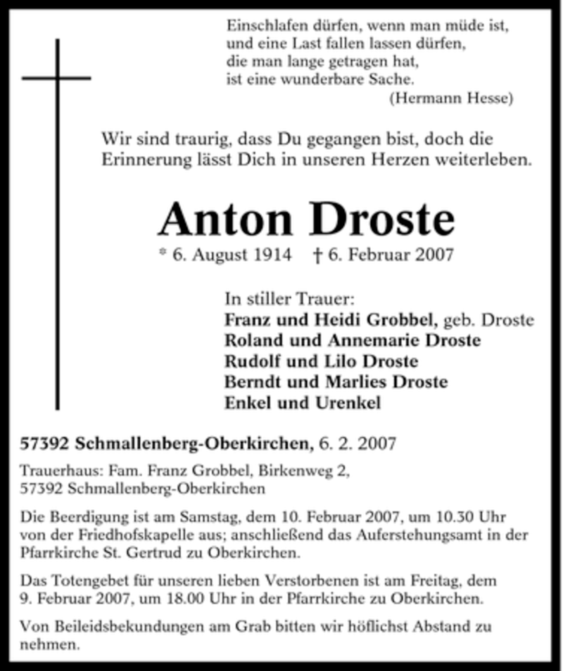 Traueranzeigen Von Anton Droste Trauer In NRW De