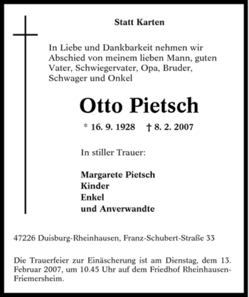 Traueranzeigen Von Otto Pietsch Trauer In NRW De