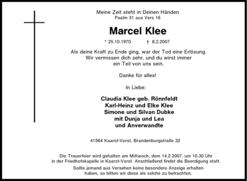 Traueranzeigen Von Marcel Klee Trauer In NRW De