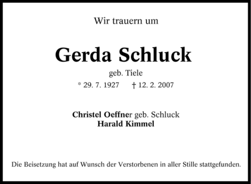 Traueranzeigen Von Gerda Schluck Trauer In NRW De