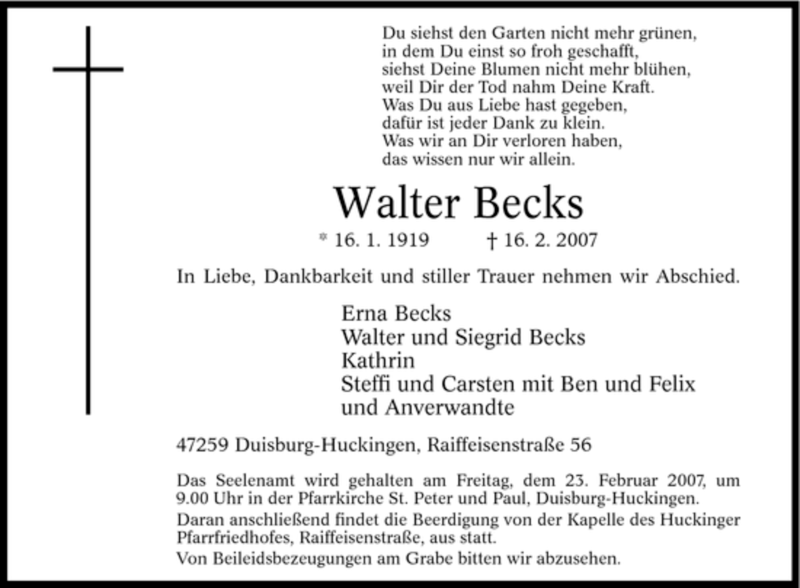 Traueranzeigen Von Walter Becks Trauer In Nrw De