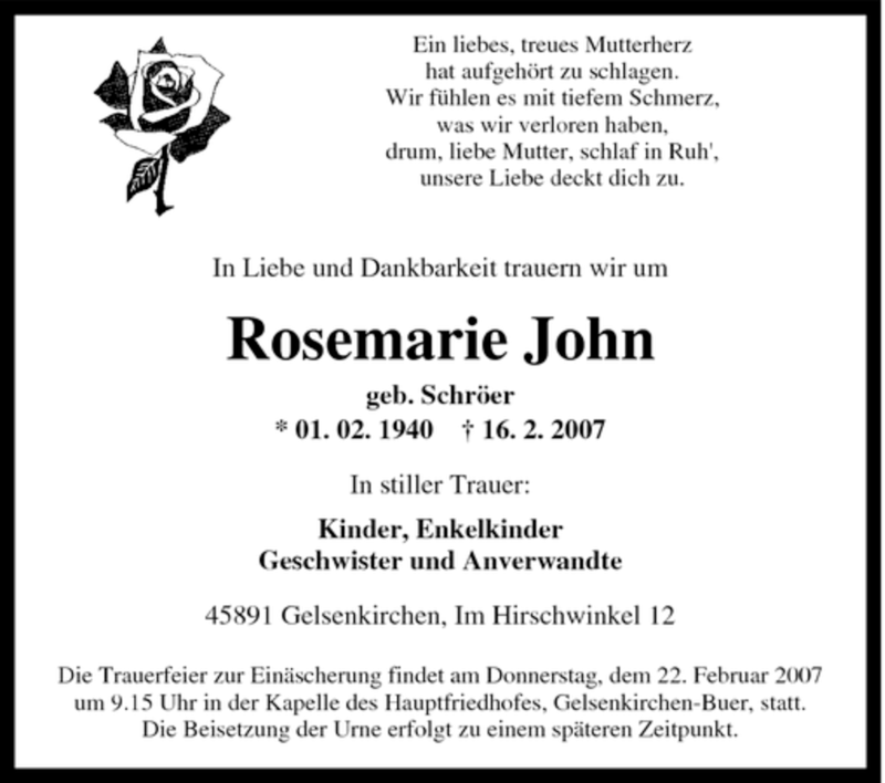 Traueranzeigen Von Rosemarie John Trauer In NRW De