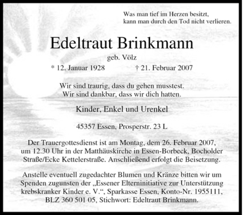 Traueranzeigen Von Edeltraut Brinkmann Trauer In NRW De