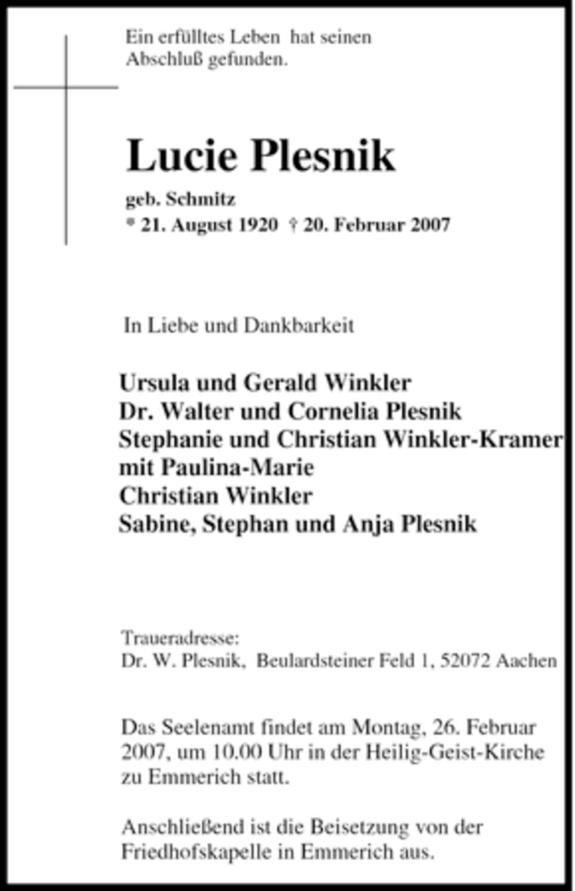 Traueranzeigen Von Lucie Plesnik Trauer In Nrw De