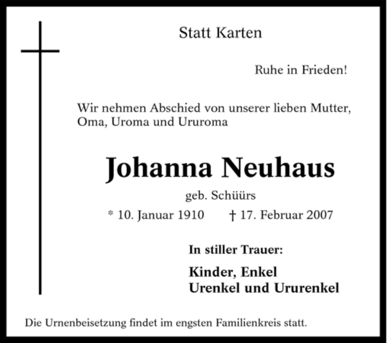 Traueranzeigen Von Johanna Neuhaus Trauer In Nrw De