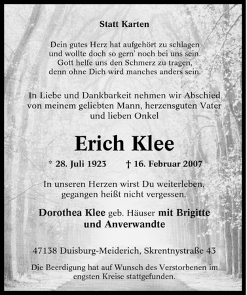 Traueranzeigen Von Erich Klee Trauer In NRW De