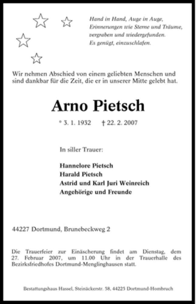 Traueranzeigen Von Arno Pietsch Trauer In Nrw De