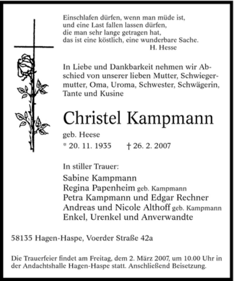 Traueranzeigen Von Christel Kampmann Trauer In NRW De