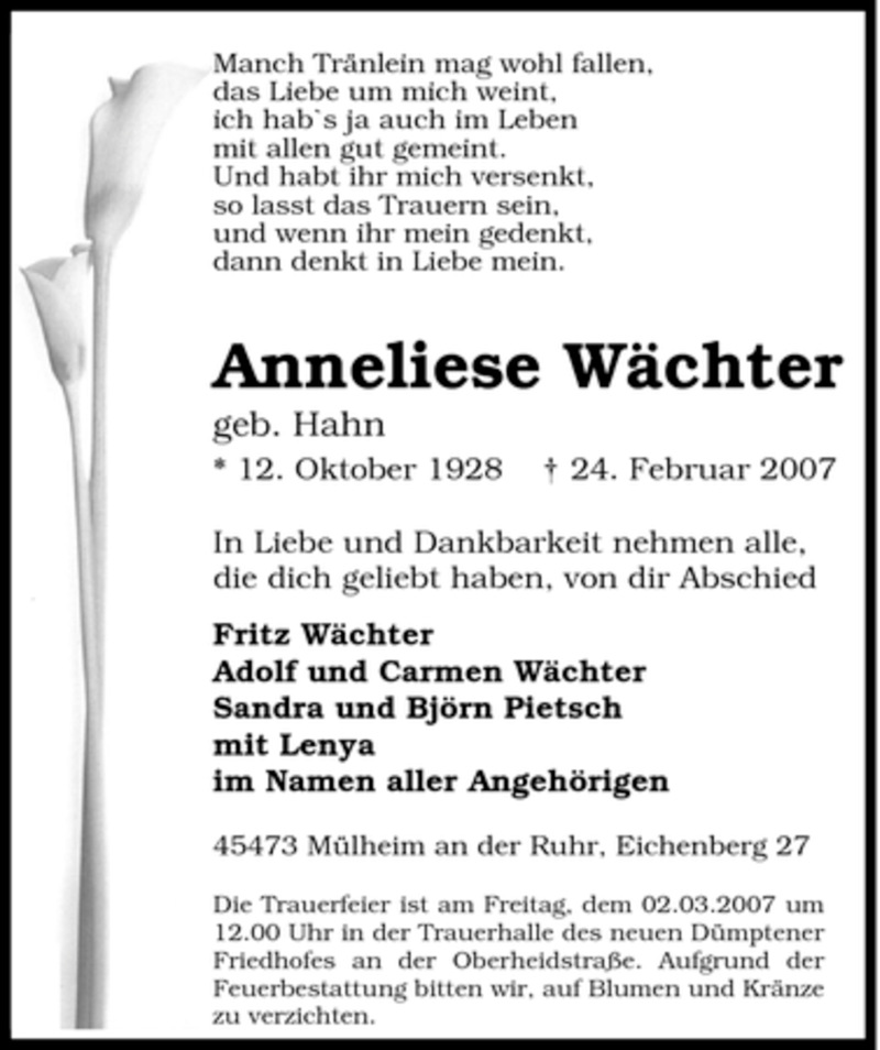 Traueranzeigen von Anneliese Wächter Trauer in NRW de