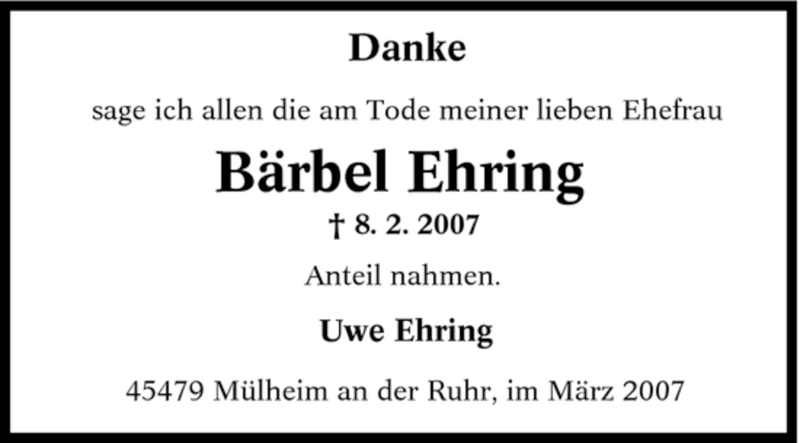 Traueranzeigen von Bärbel Ehring Trauer in NRW de