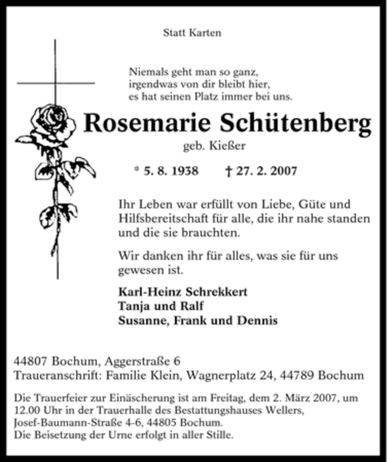 Traueranzeigen Von Rosemarie Sch Tenberg Trauer In Nrw De