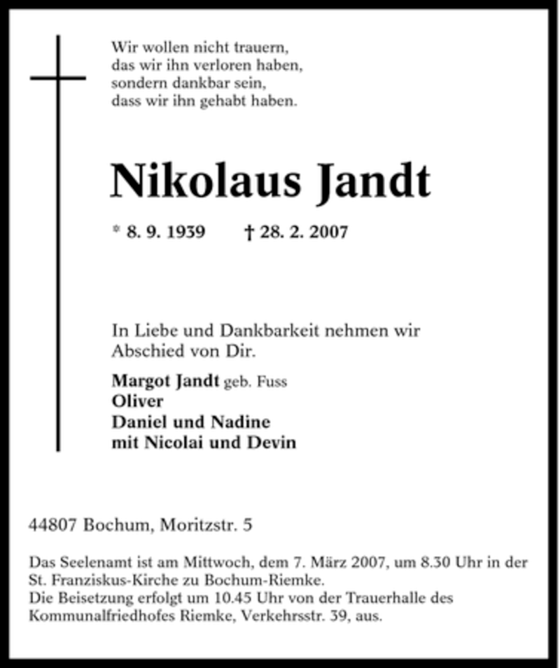 Traueranzeigen Von Nikolaus Jandt Trauer In NRW De