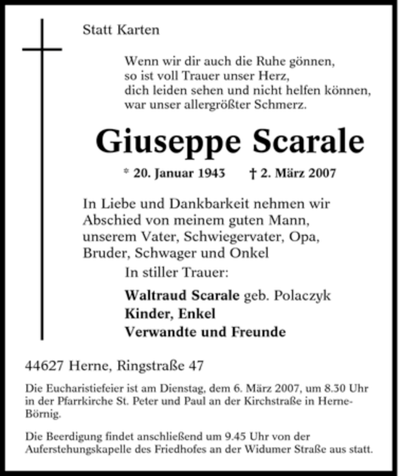 Traueranzeigen Von Giuseppe Scarale Trauer In Nrw De