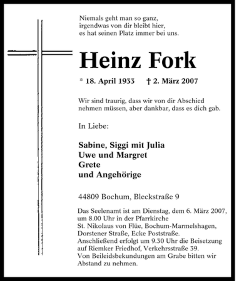 Traueranzeigen Von Heinz Fork Trauer In NRW De