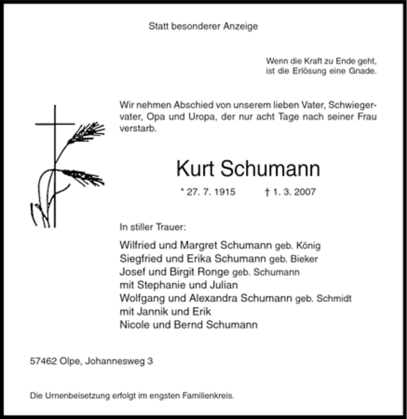 Traueranzeigen Von Kurt Schumann Trauer In Nrw De