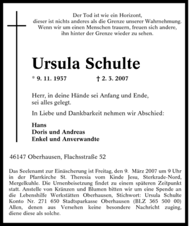 Traueranzeigen Von Ursula Schulte Trauer In Nrw De