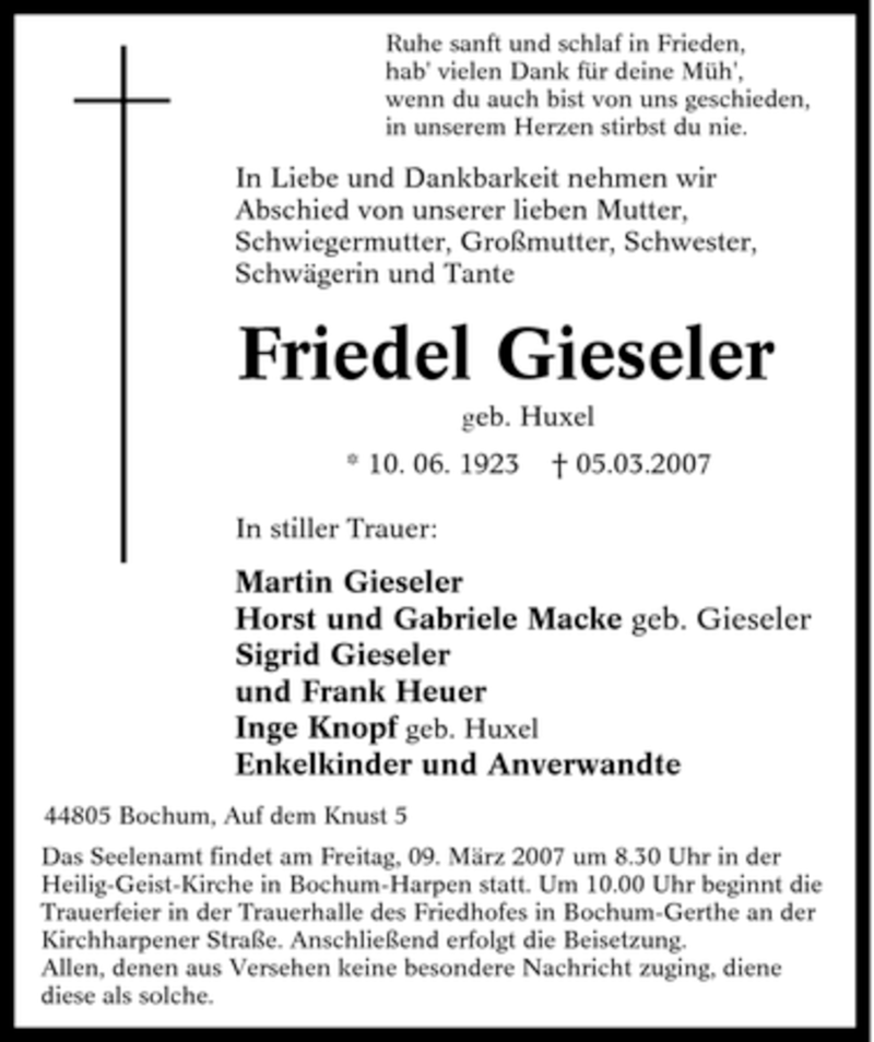 Traueranzeigen Von Friedel Gieseler Trauer In Nrw De