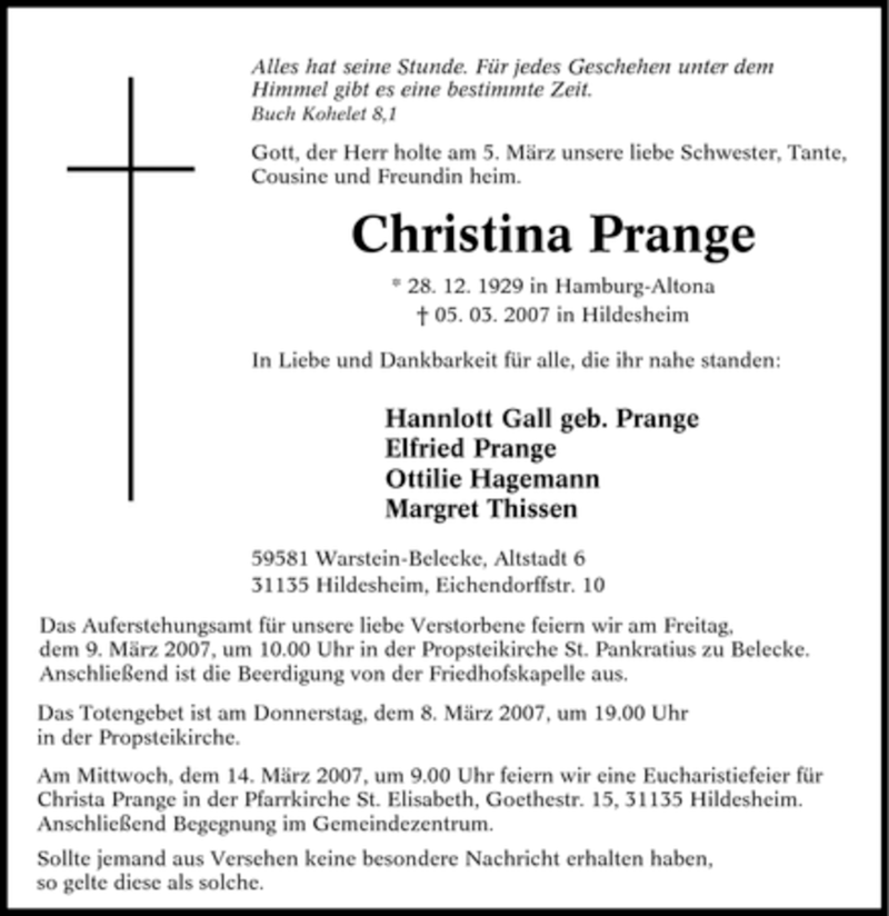 Traueranzeigen Von Christina Prange Trauer In Nrw De