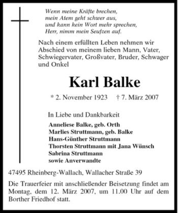 Traueranzeigen Von Karl Balke Trauer In NRW De