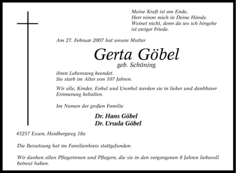 Traueranzeigen von Gerta Göbel Trauer in NRW de