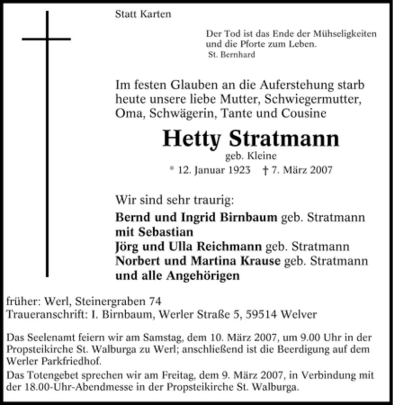 Traueranzeigen Von Hetty Stratmann Trauer In Nrw De