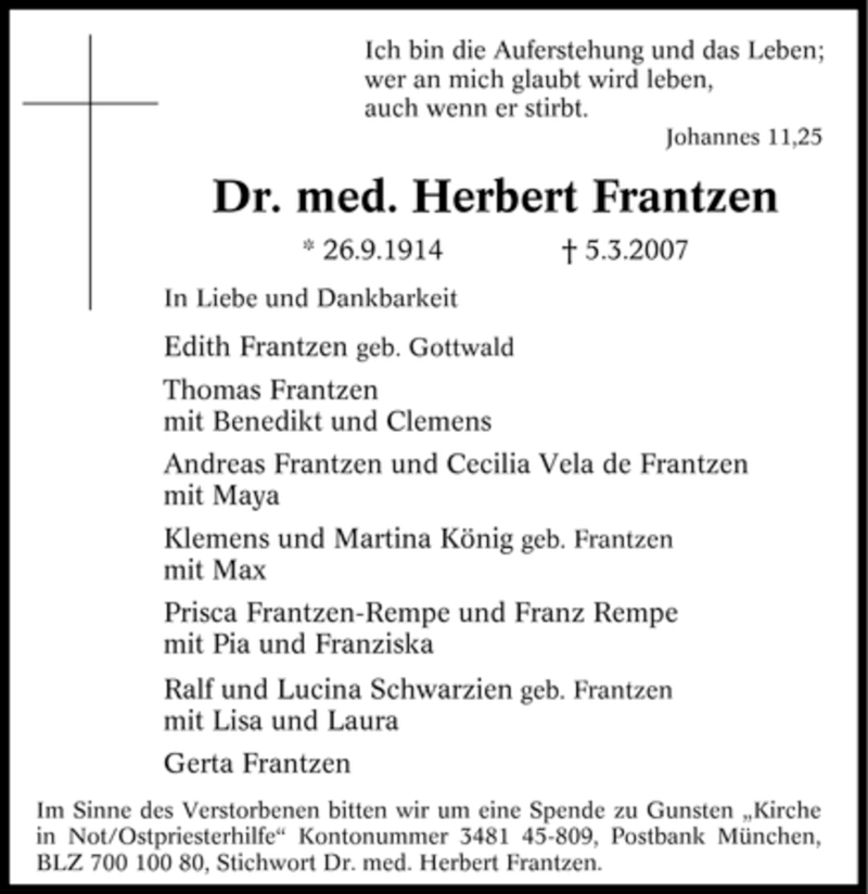 Traueranzeigen Von Herbert Frantzen Trauer In NRW De