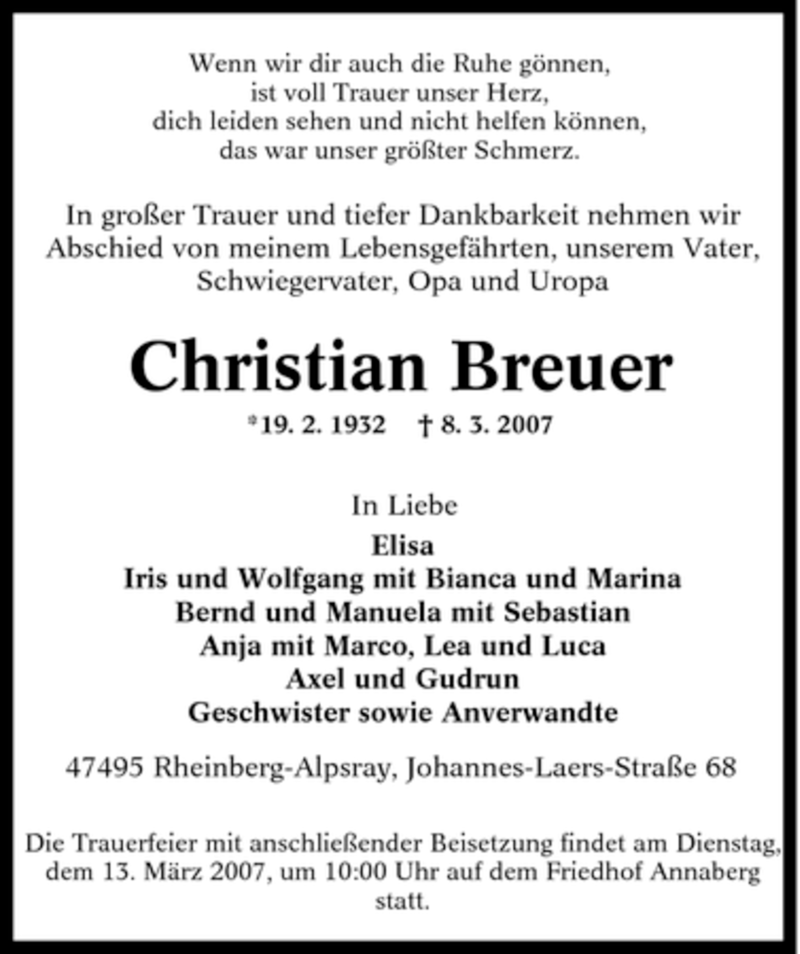 Traueranzeigen Von Christian Breuer Trauer In NRW De