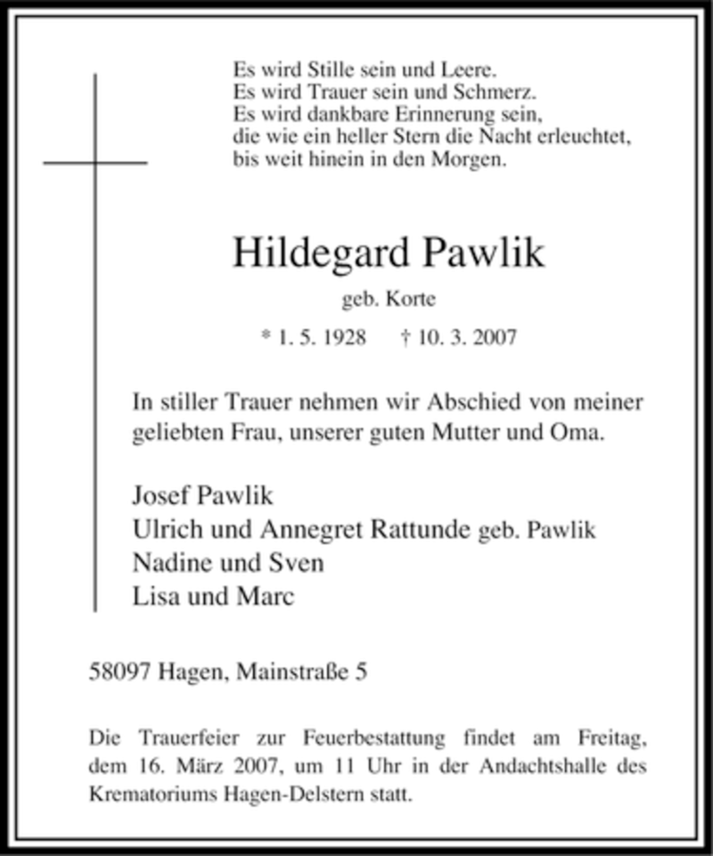 Traueranzeigen Von Hildegard Pawlik Trauer In Nrw De