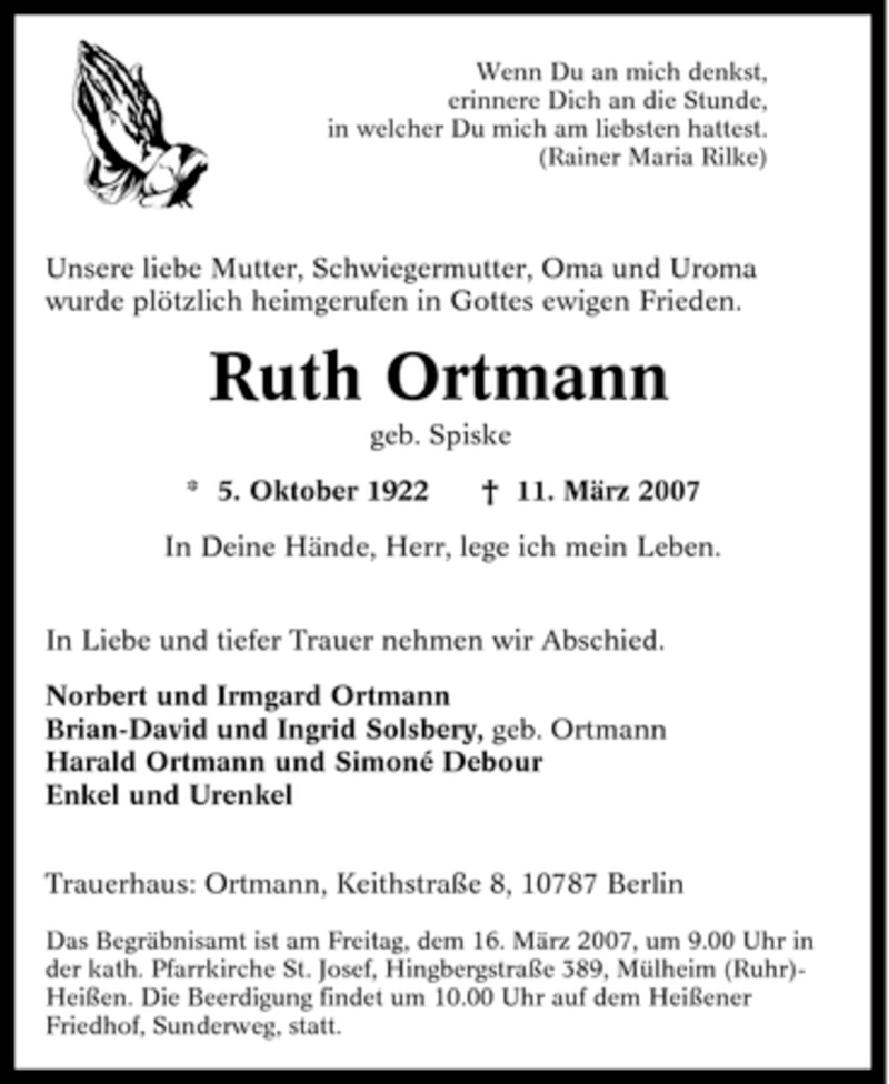 Traueranzeigen Von Ruth Ortmann Trauer In NRW De