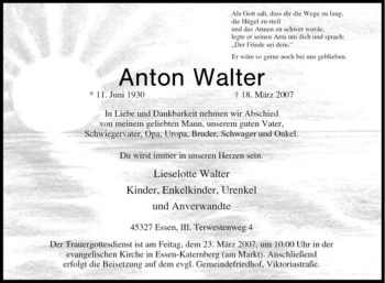 Traueranzeigen Von Anton Walter Trauer In NRW De