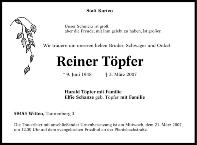 Traueranzeigen Von Reiner T Pfer Trauer In Nrw De