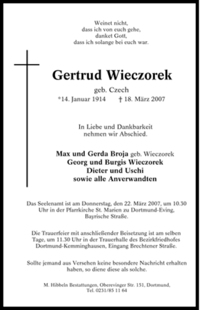 Traueranzeigen Von Gertrud Wieczorek Trauer In Nrw De