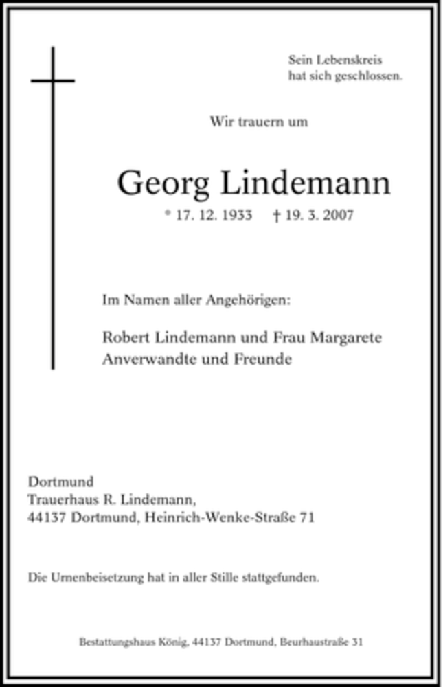 Traueranzeigen Von Georg Lindemann Trauer In Nrw De