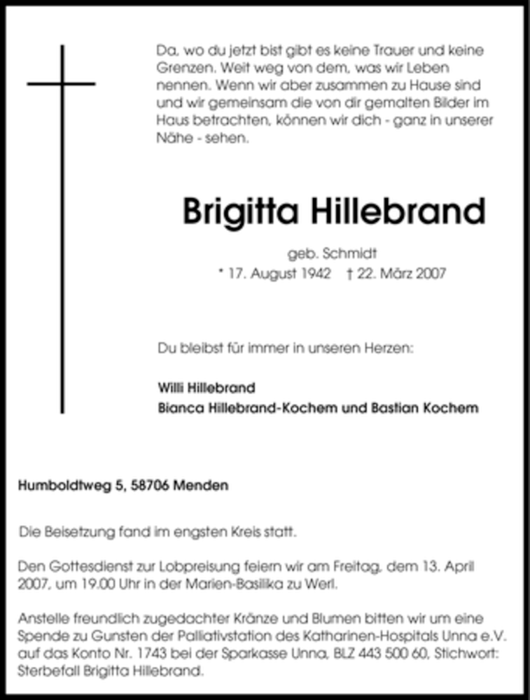 Traueranzeigen Von Brigitta Hillebrand Trauer In Nrw De