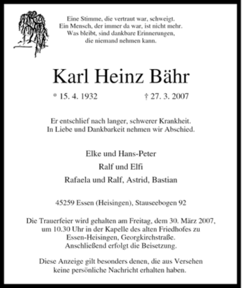 Traueranzeigen von Karl Heinz Bähr Trauer in NRW de