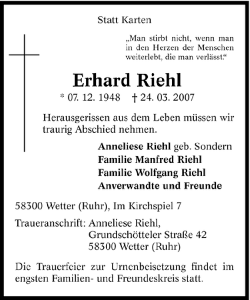 Traueranzeigen Von Erhard Riehl Trauer In Nrw De