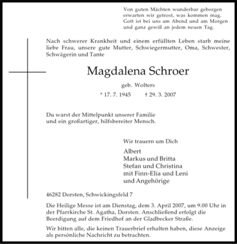 Traueranzeigen Von Magdalena Schroer Trauer In NRW De