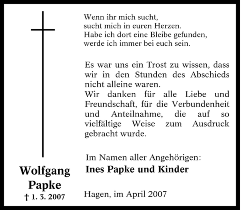 Traueranzeigen Von Wolfgang Papke Trauer In NRW De